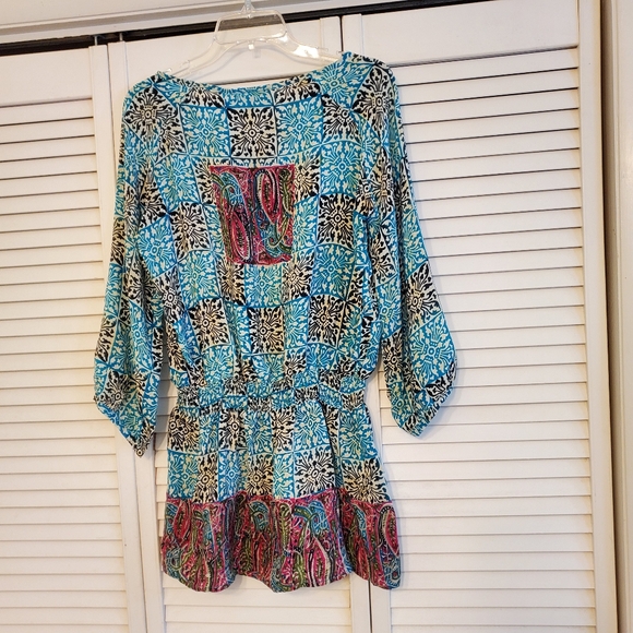 Tolani 100% Silk Deepa Mini Dress Turquoise Mosaic, Size Small - Picture 5 of 11